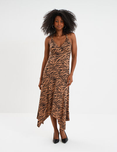 Robe longue évasée asymétrique camel femme