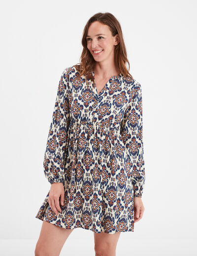 Robe col tunisien courte évasée fluide ecru femme