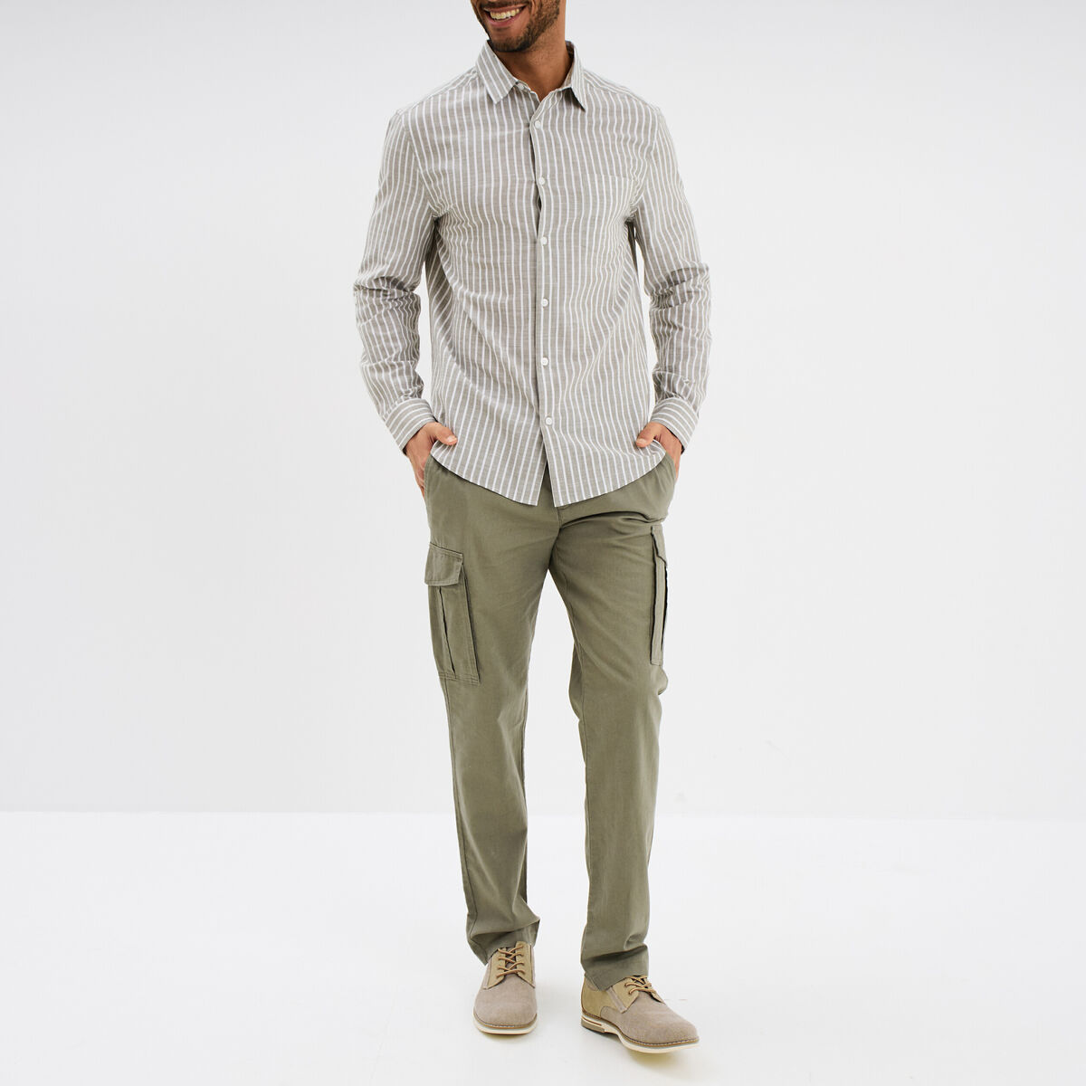 Chemise manches longues coton vert kaki homme