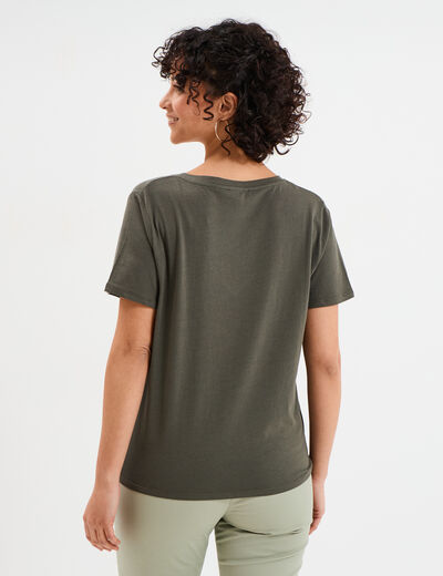 T-shirt manches courtes col en V coton vert kaki femme
