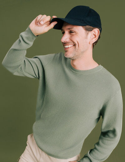 Pull avec col rond à relief vert kaki homme