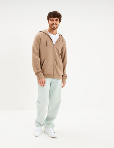 Sweat zipp&eacute; molleton &agrave; capuche taupe homme