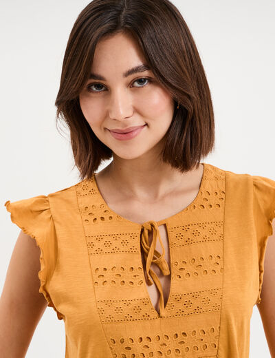 T-shirt avec broderie coton jaune moutarde femme