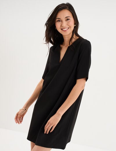 Robe courte col en V manches courtes noir femme
