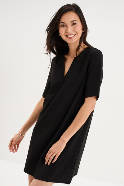 Robe courte col en V manches courtes noir femme