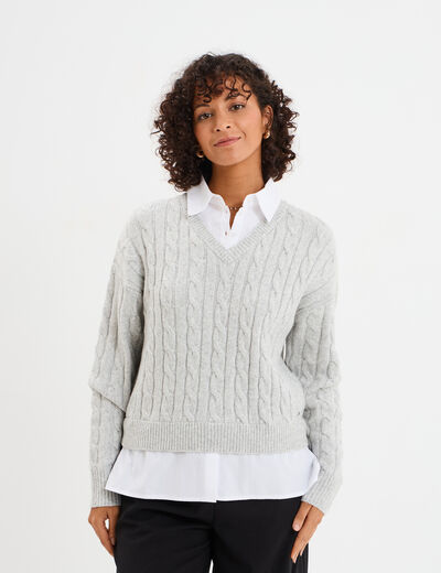 Pull torsades effet 2-en-1 chemise gris clair femme