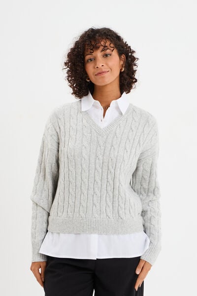 Pull torsades effet 2-en-1 chemise gris clair femme