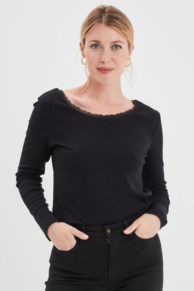 T-shirt avec dentelle au col noir femme