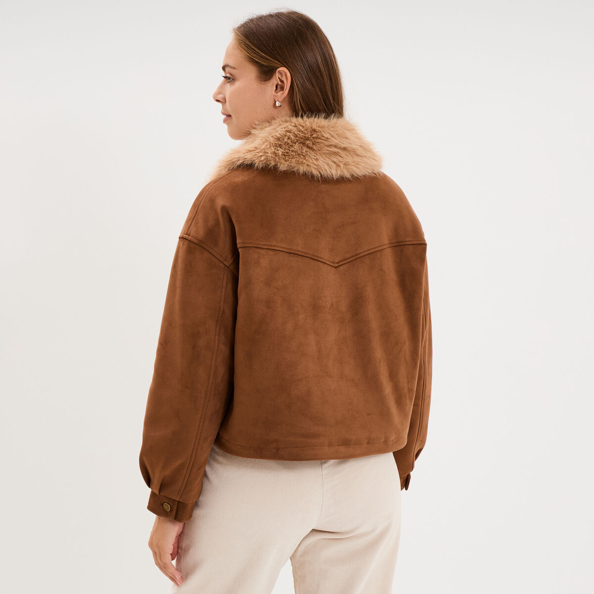 Veste effet su&eacute;dine col fausse fourrure marron femme
