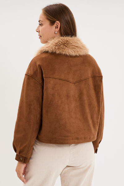 Veste effet su&eacute;dine col fausse fourrure marron femme