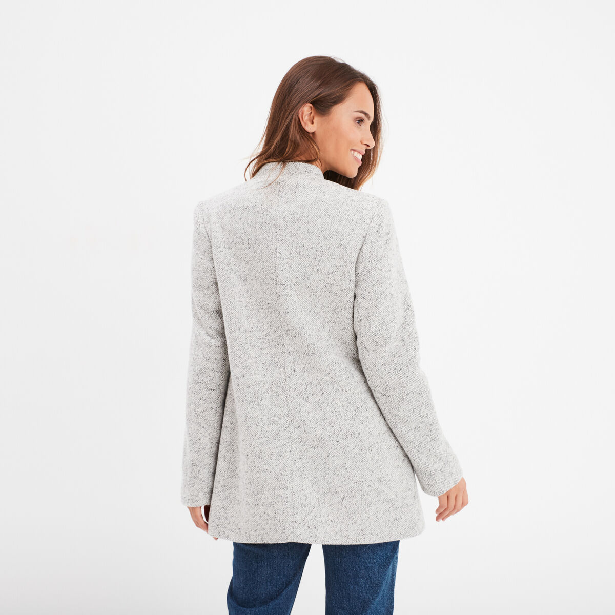 Manteau mi-long cintré zippé col montant gris clair femme