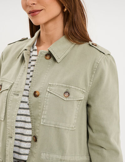 Veste boutonn&eacute;e poches &agrave; rabat vert kaki femme