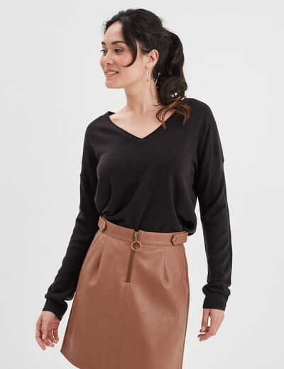 Pull col en V manches longues noir femme