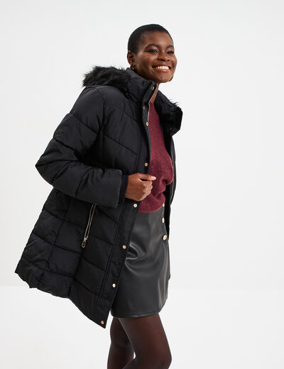 Doudoune ceinturée mi-longue à capuche noir femme