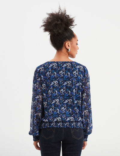 Blouse col en V manches longues bleu femme