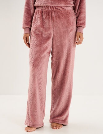 Pantalon effet polaire d&eacute;tails torsades rose framboise femme