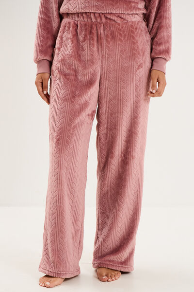 Pantalon effet polaire d&eacute;tails torsades rose framboise femme