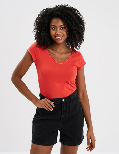 T-shirt col V ajusté manches courtes rouge femme