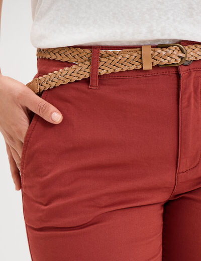 Pantalon chino 7/8ème ceinture tressée rouge foncé femme