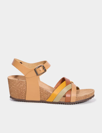 Sandales compens&eacute;es cuir avec brides marron femme