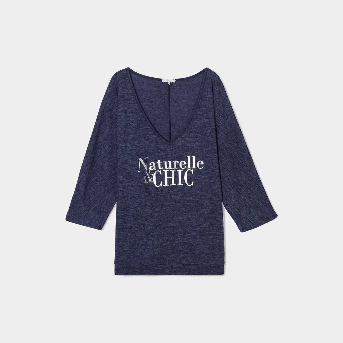 Pull manches 3/4 chauve-souris col V bleu marine femme grande taille