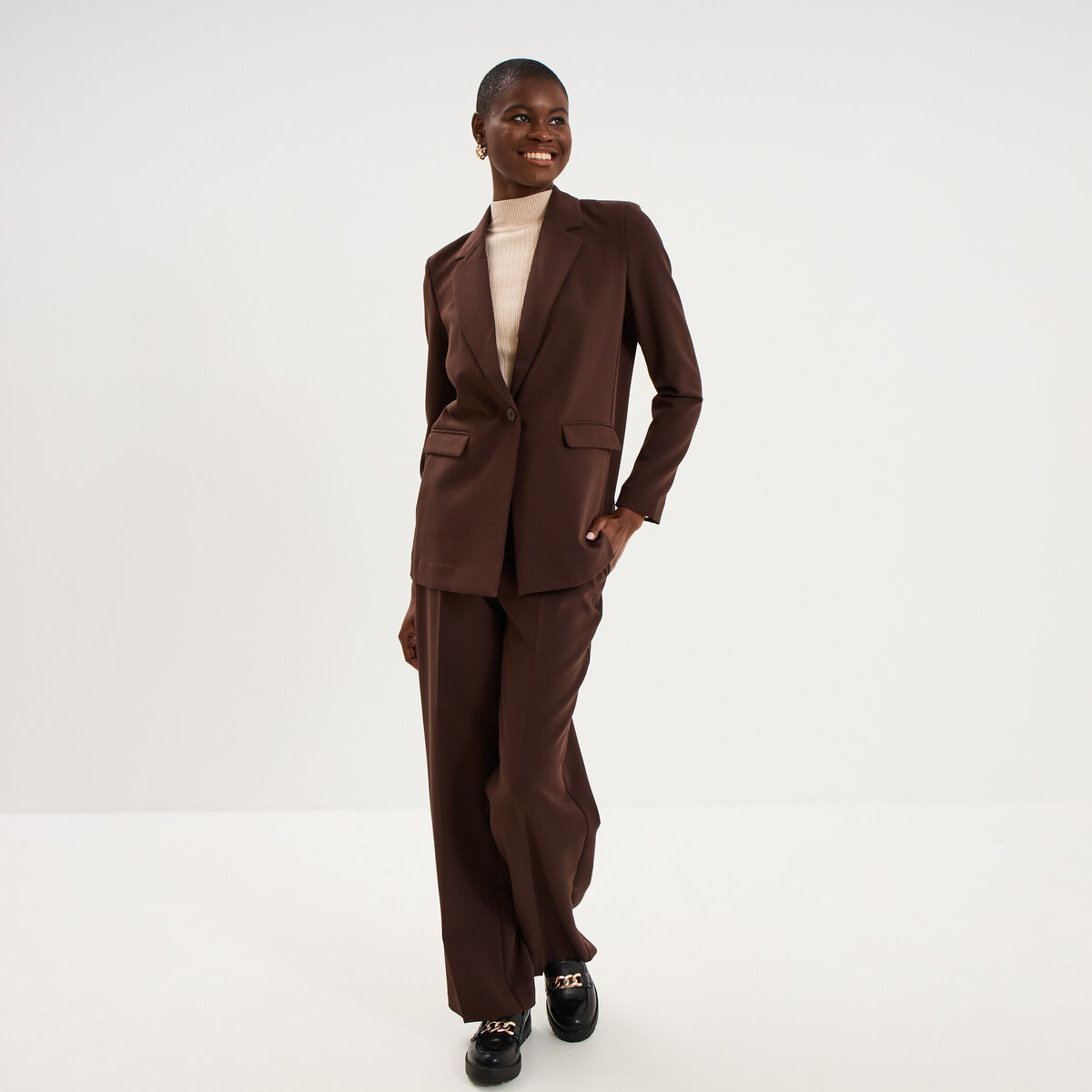 Blazer ajust&eacute; mi-long 1 bouton marron fonc&eacute; femme