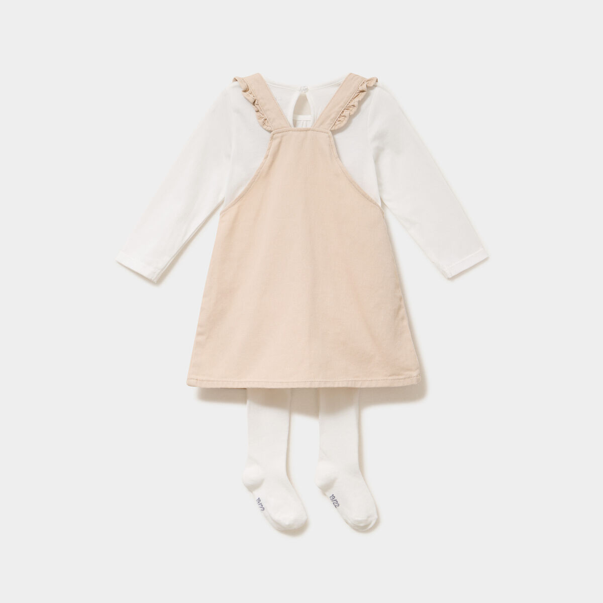 Ensemble 3 pi&egrave;ces avec robe salopette beige b&eacute;b&eacute; fille