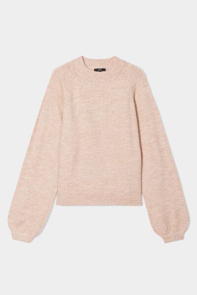 Pull avec perles et manches ballons beige femme