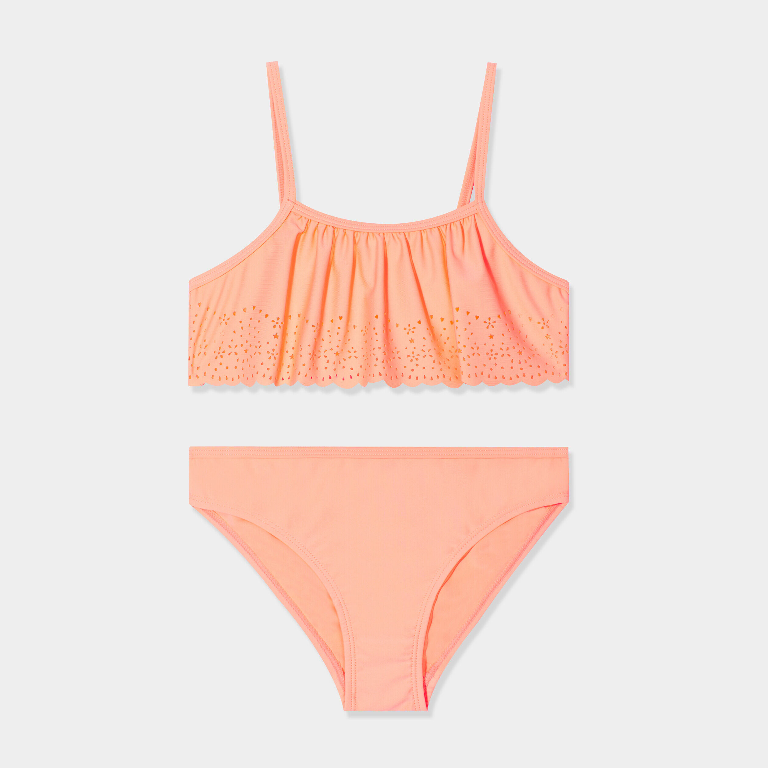 Maillot de bain 2 pièces à perforations orange corail fille WAMEA BEACH