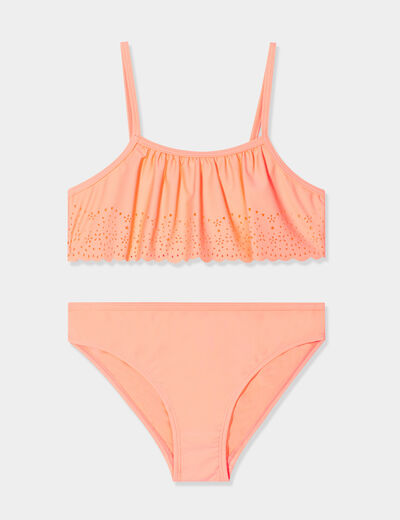 Maillot de bain 2 pièces à perforations orange corail fille