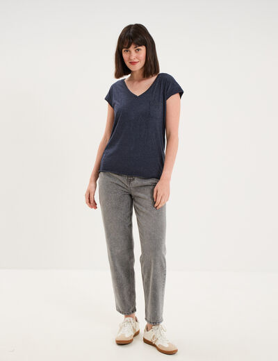 T-shirt col v poche poitrine bleu marine femme