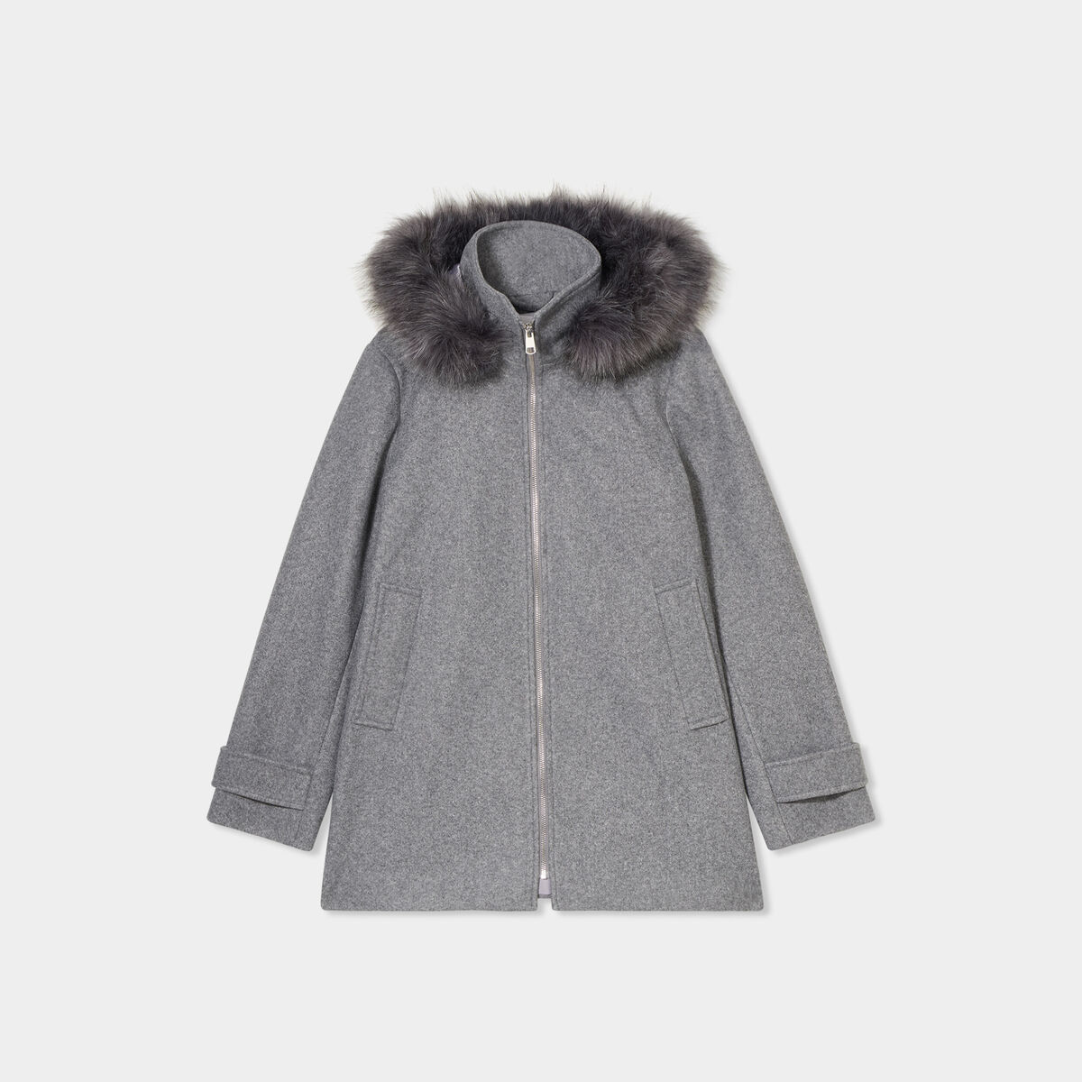 Manteau zipp&eacute; capuche fausse fourrure gris femme