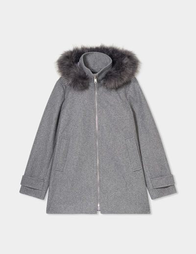 Manteau zipp&eacute; capuche fausse fourrure gris femme