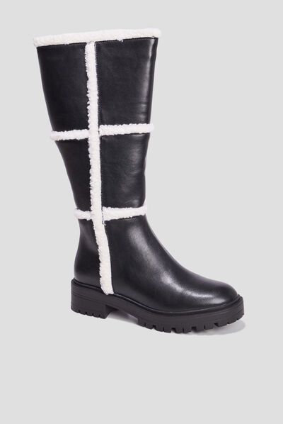 Bottes bandes imitation laine mouton noir femme
