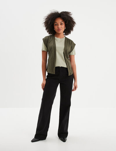 T-shirt col rond manches courtes coton vert kaki femme