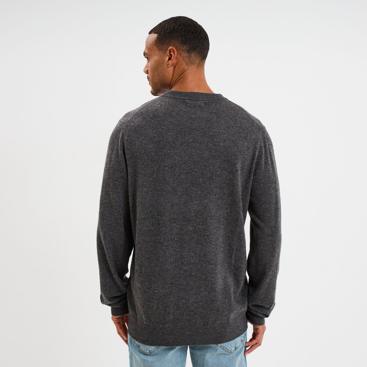 Pull col rond manches longues gris fonc&eacute; homme