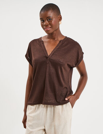 T-shirt col tunisien manches courtes marron fonc&eacute; femme