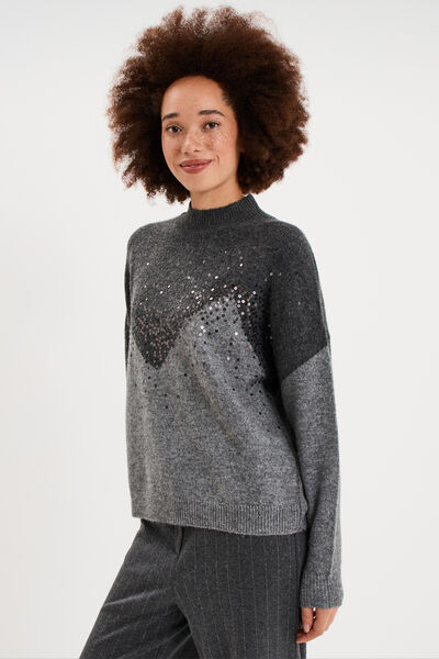 Pull col montant &agrave; sequins oversize gris fonc&eacute; femme