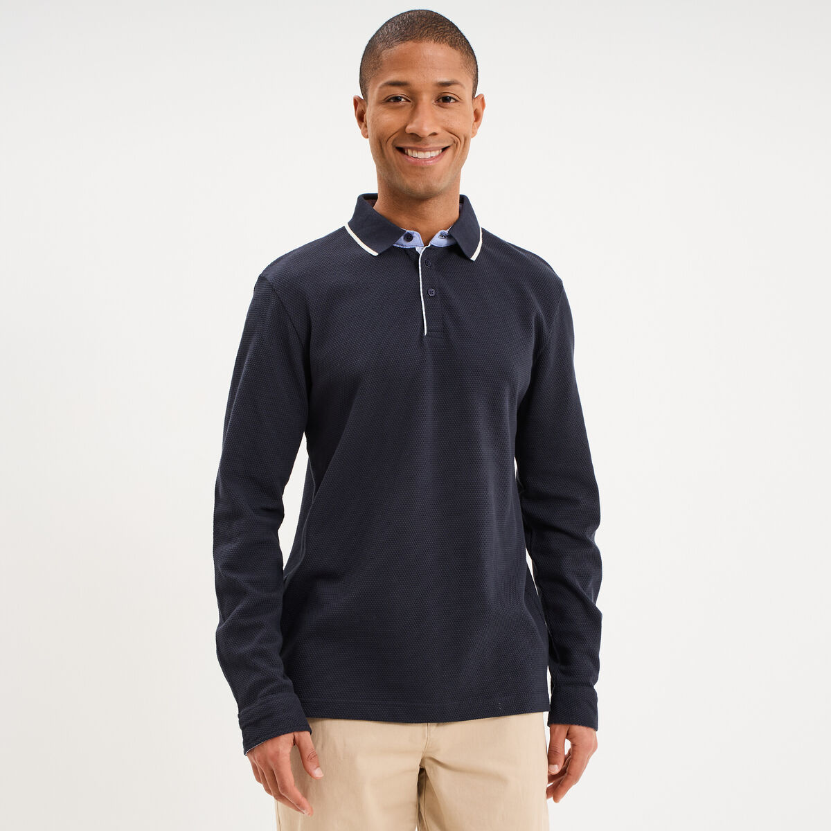 Polo piqu&eacute; droit manches longues coton bleu fonc&eacute; homme