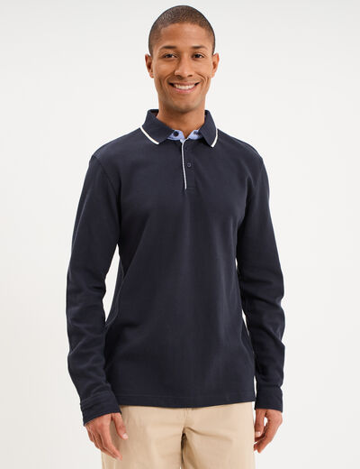 Polo piqu&eacute; droit manches longues coton bleu fonc&eacute; homme