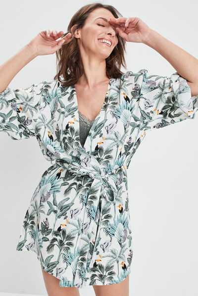 Déshabillé style kimono fluide ecru femme