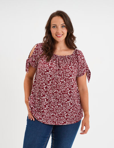 T-shirt col bardot manches noeuds bordeaux femme grande taille