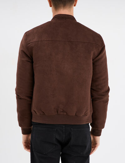 Blouson col motard en su&eacute;dine zipp&eacute; marron fonc&eacute; homme