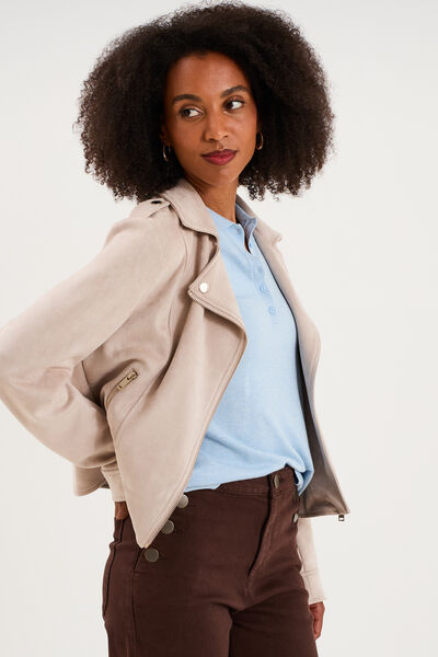 Veste biker en su&eacute;dine ajust&eacute;e beige femme