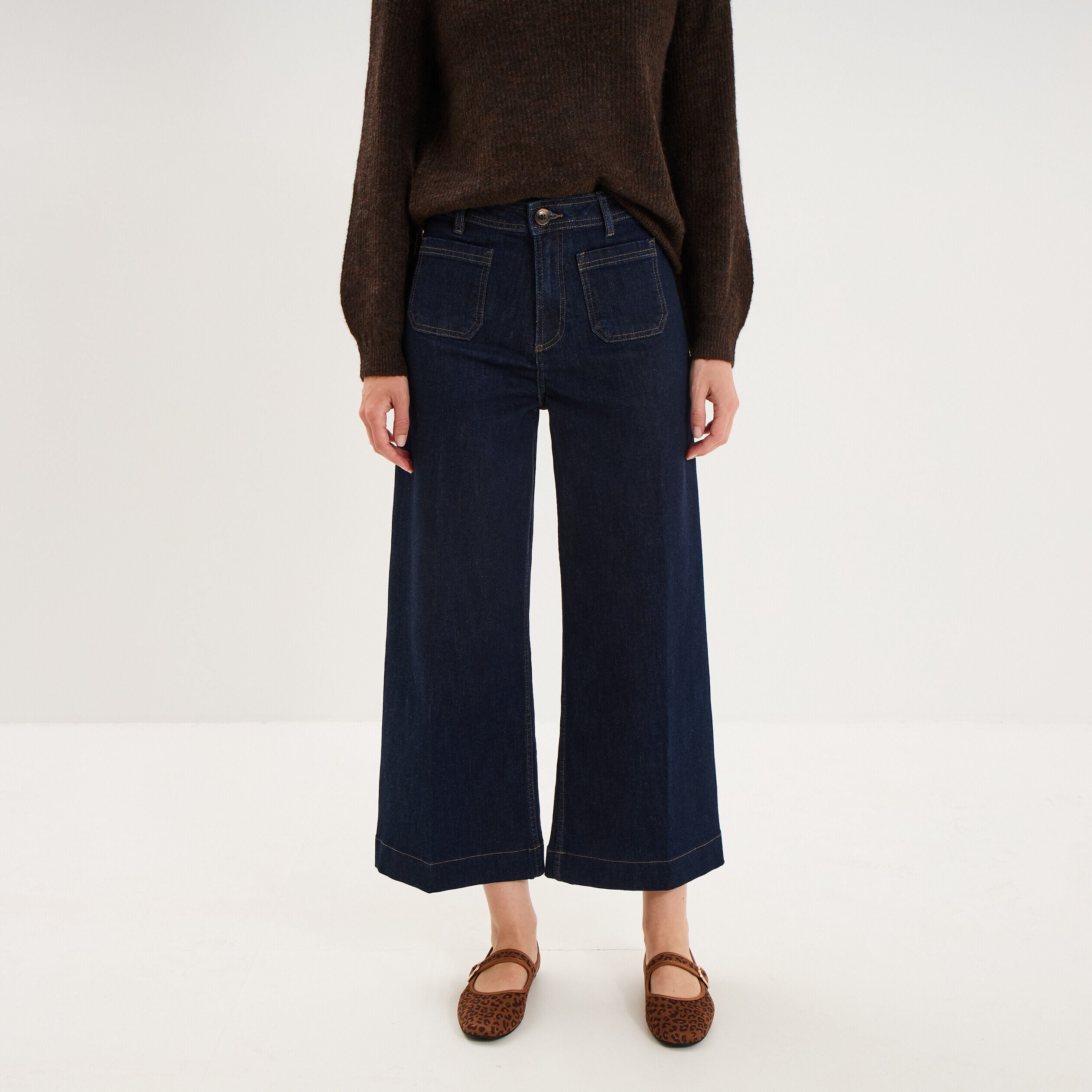 Jean large cropped poches plaquées denim brut femme