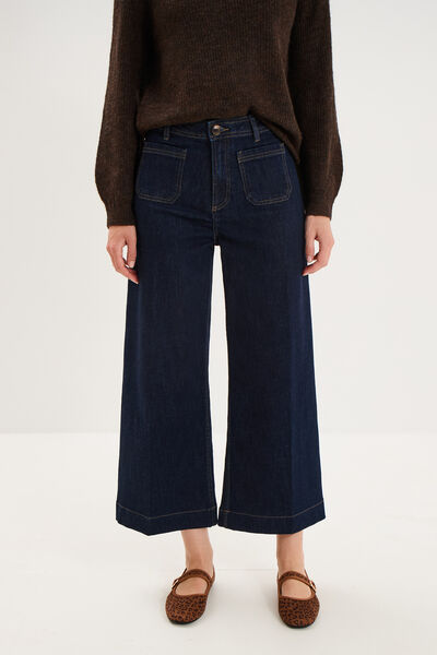 Jean large cropped poches plaqu&eacute;es denim brut femme