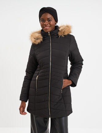 Doudoune mi-longue &agrave; capuche noir femme
