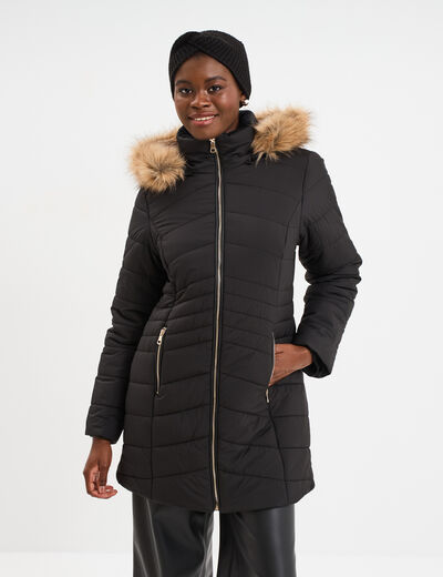 Doudoune mi-longue &agrave; capuche noir femme