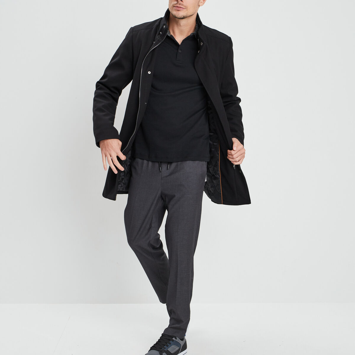 Manteau mi-long col montant noir homme
