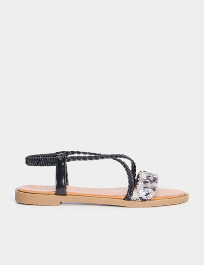 Sandales d&eacute;tails foulard tress&eacute;s noir femme